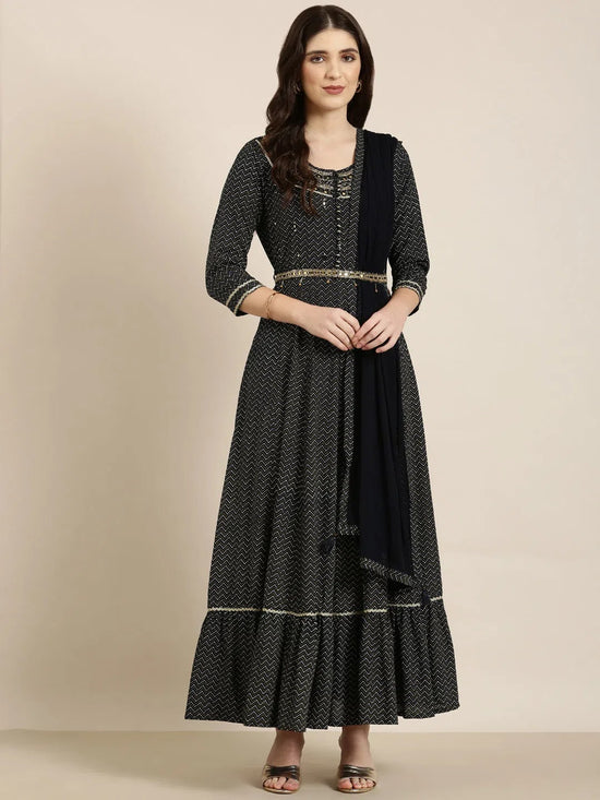 Women Navy Blue Chevron Anarkali Kurta-FS-2987-Navyblue