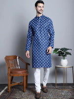 Men Navy and White Floral Printed Kurta with Churidar-JOKP-650Navy