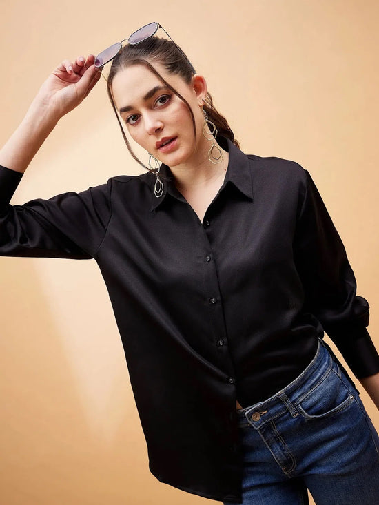 Women Black Solid Satin Regular Shirt