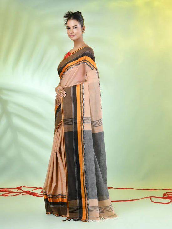 Beige Cotton Saree With Temple Borders-MA66CT43640014