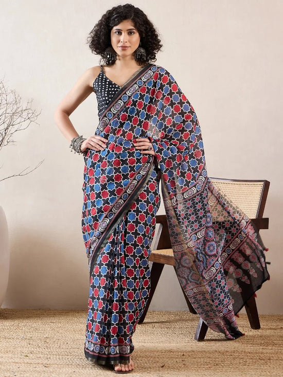 Ahika Women Black Linen Ajrak Printed Saree-VFSAR1035