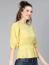 Women solid yellow smocked polyester puffed sleeve top