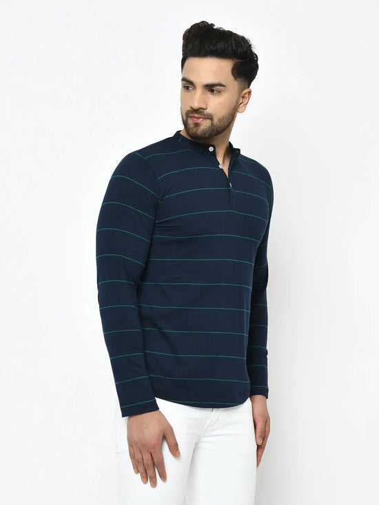 Rigo Blue Stripe Henley Cotton T-Shirt