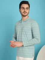 Venitian Men Striped Polo Neck Full Sleeves Sea Green T-Shirt Wih Pocket