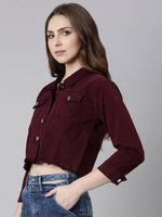 Women Maroon Solid Denim Jacket-AE-0001-Maroon