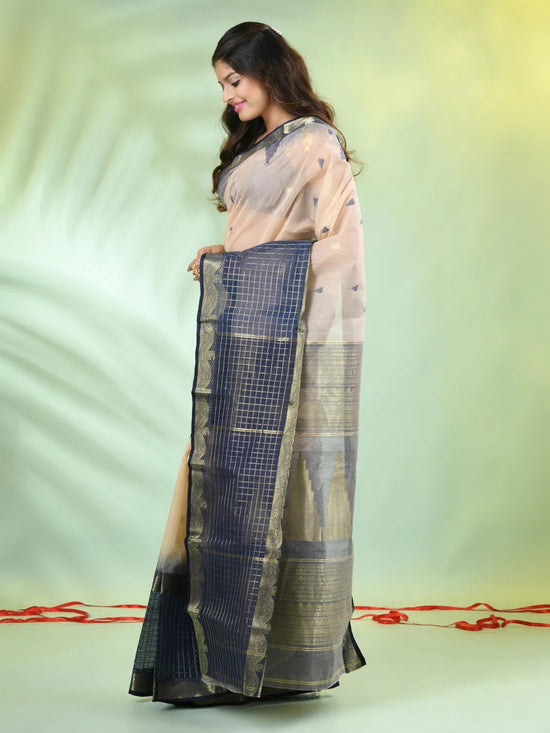 Beige Cotton Handwoven Saree With Zari Borders-MA66CT431820067