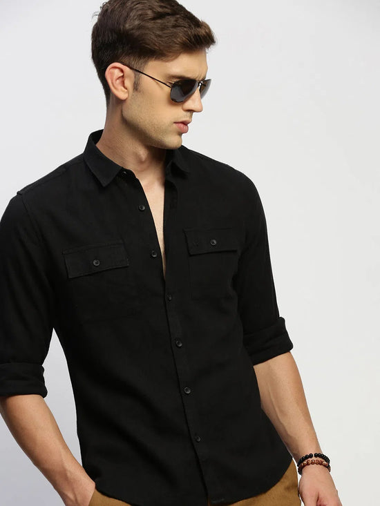 Men Black Solid Shirt-ANAH-1676-Black