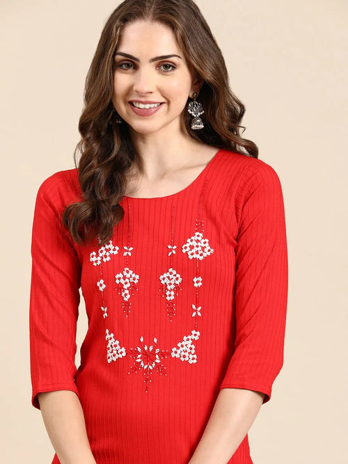 Women's Red Embellished Straight Kurta-SKC-3222A-Red