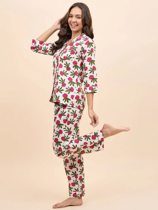 Shirt Pyjama Set in Pink color Fruit Print