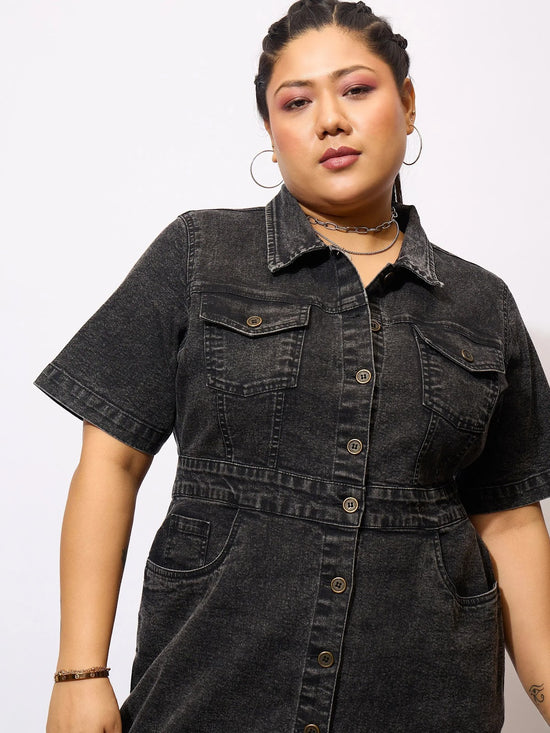 Women Black Denim Acid Wash Front Button Shirt Dress