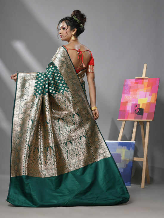 Emerald Green Katan Silk Banarasi Saree With Ethnic Motifs And Zari Woven Designs-MA52KA441380058