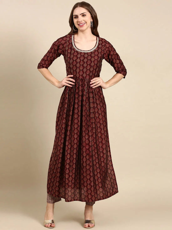 Women's Burgundy Printed Kurta Set-SKC-1008-Burgundy