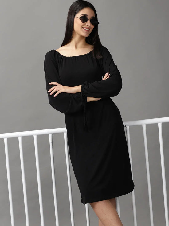 Women's Black Solid A-Line Dress-DQ-17-383-Black