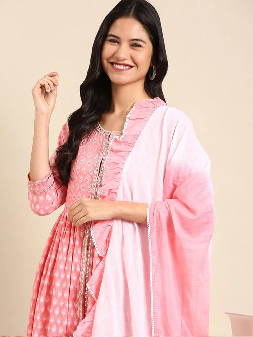 Women's Pink Printed Anarkali Kurta-RF-059-Pink