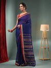 Blue Silk Linen Handwoven Saree With Temple Border-MA50SLN061100095