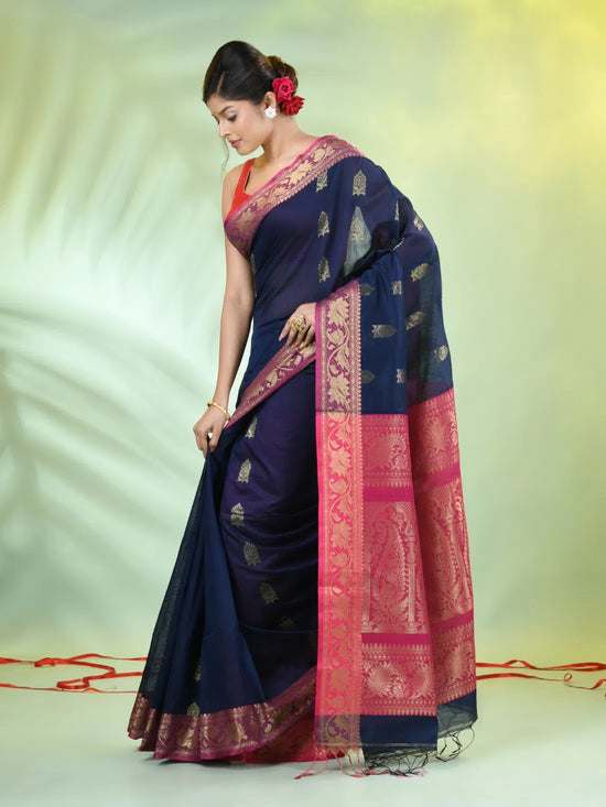 Navy Blue Cotton Saree With Nakshi Zari Borders-MA66BCT431050021