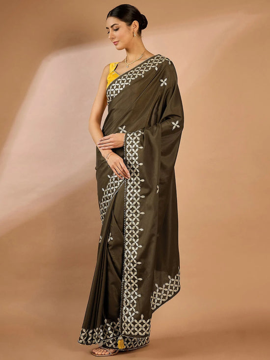 Saree Mall Women's Crepe Olive Embellished Designer Saree With Blouse Piece-SRENIK1555B