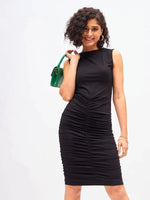 Women Black Ruched Sleeveless Bodycon Midi Dress