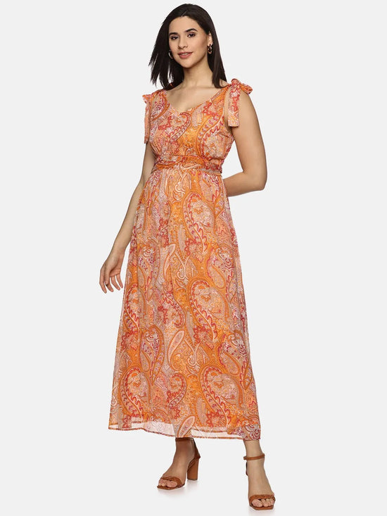 Floral Orange Tie-up Detailed Maxi Dress-17350