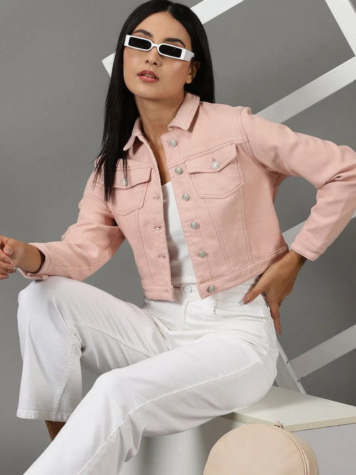 Women's Peach Solid Denim Jacket-IM-10534-Peach