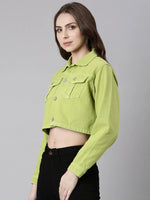 Women Lime Green Solid Denim Jacket-GZ-5600-Limegreen