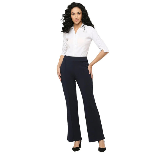 Smarty Pants Women's Ployester Lycra Bell Bottom Navy Blue Formal Trouser-SMPT-904D-S