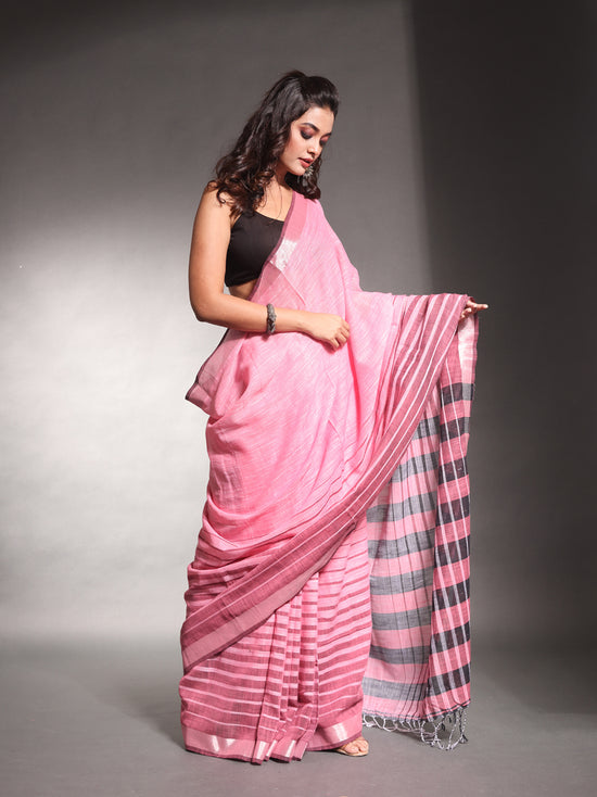 Baby Pink Pure Cotton Soft Saree With Stripes Pattern-MA54CT33580105