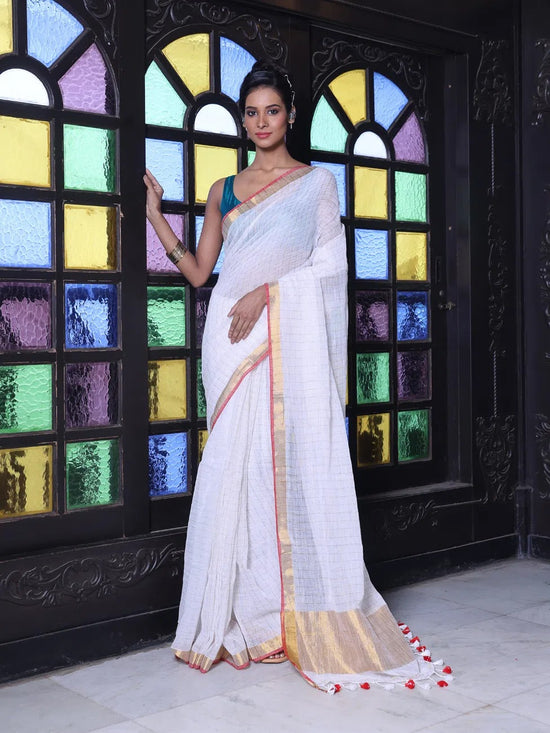 White Checkbox Designs Soft Linen Saree With Zari Borders-MA62LN33990026