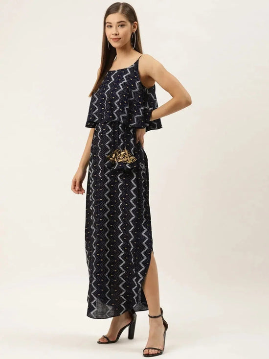 Printed Flare yoke with U hem long dress in navy