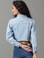 Women's Blue Solid Denim Jacket-AE-9505-Blue