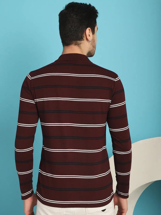 Venitian Men Striped Polo Neck Full Sleeves Wine T-Shirt Wih Pocket