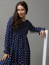 Women's Blue Printed Fit and Flare Dress-ON-526-Navyblue