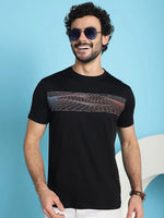 Venitian Men Printed Round Neck Black Cotton Lycra T-Shirt