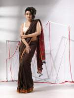 Brown Cotton Saree With Stripes Zari Pallu-MA55CT06520100