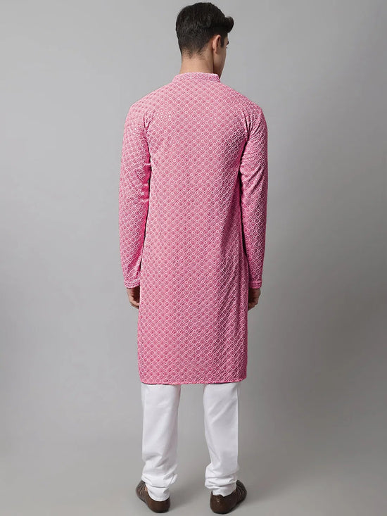 Men Pink Chikankari Embroidered and Sequence Kurta with Churidar-JOKP-678Pink