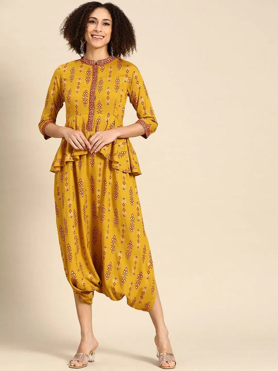 Peplum with dhoti Jumpsuit in Mustard Print