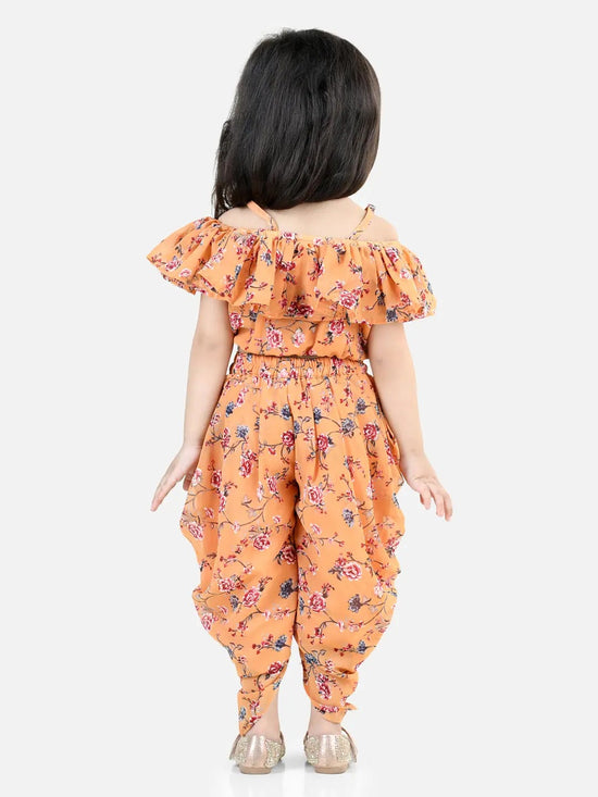 BownBee Girls Printed Ruffle Georgette Top with Dhoti Co Orders Clothing Sets- Orange