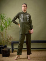 Women Olive Rayon Yoke Embroidered Shirt With Palazzos