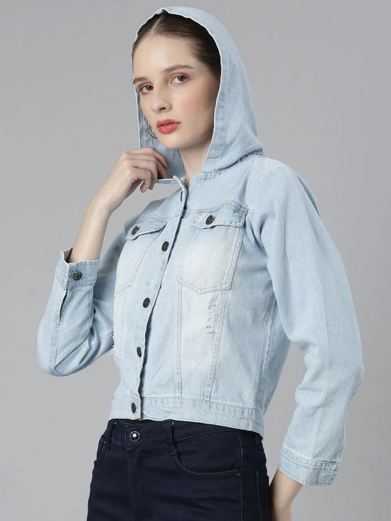 Women Blue Solid Denim Jacket-GZ-9510-Blue