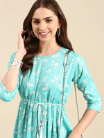 Women's Turquoise Blue Printed Anarkali Kurta-KG-555-Turquoiseblue