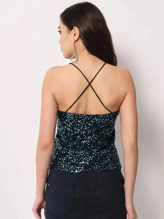 Blue Sequin Deep Neck Top