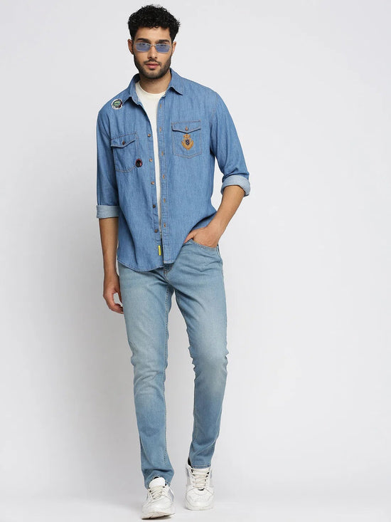 Men Blue Spread Collar Solid Oversized Shirt-SPACEDENIM-4912A-Blue