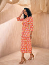 Women Orange Ikat Neck Gathered Belted Midi Dress