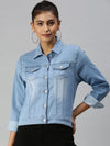 Women's Blue Solid Denim Jacket Jackets-LT-JKT105372C-Blue