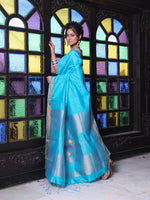 All Over Zari Weaving Sky Blue Cotton Saree With Zari Borders-MA64BCT401380026