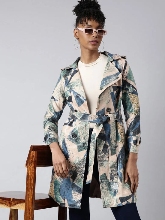 Women Abstract Longline Green Trench Coat-246-Green