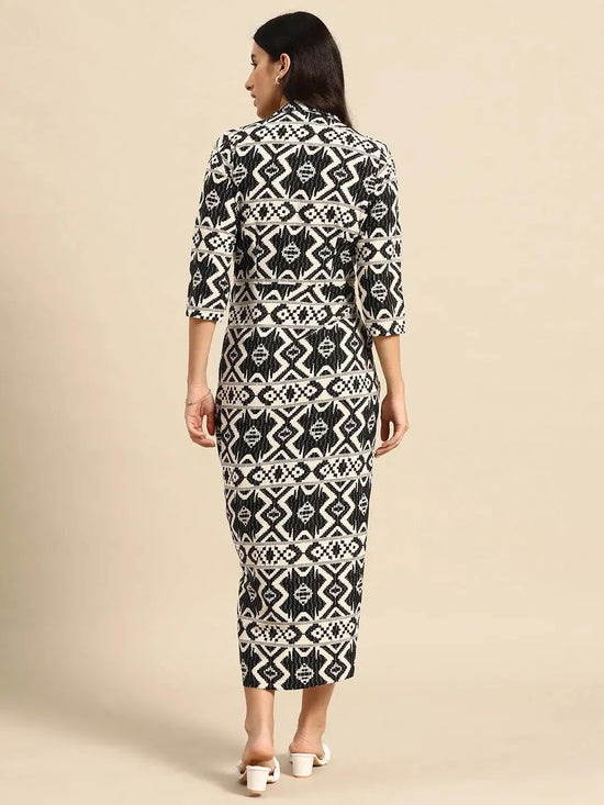 Shirt Dress with front Drape in Black and Cream Ikkat Print