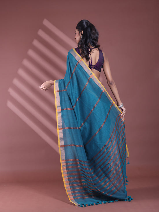 Teal Pure Cotton Zari Stripe Soft Saree With Zari Border-MA59CT06520068