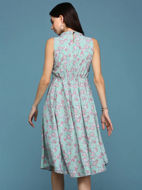 Women's Sea Green Floral A-Line Dress-AE-15709-Seagreen