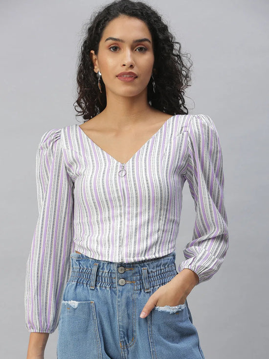 Women's Purple Striped Crop Tops-AE-10311-Purplewhite